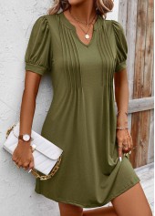 Olive Green Tuck Stitch Short Split Neck Dress | thumb picture 