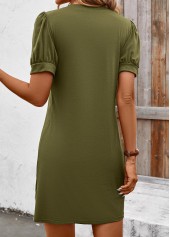 Olive Green Tuck Stitch Short Split Neck Dress | thumb picture 