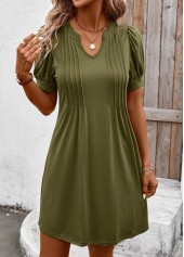 Olive Green Tuck Stitch Short Split Neck Dress | thumb picture 