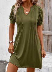 Olive Green Tuck Stitch Short Split Neck Dress