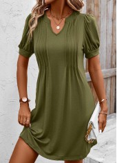 Olive Green Tuck Stitch Short Split Neck Dress | thumb picture 