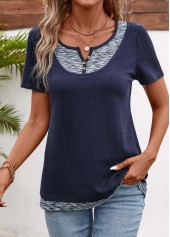 Navy Patchwork Short Sleeve Split Neck T Shirt
