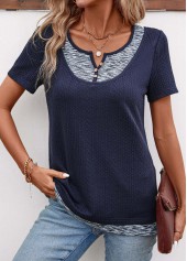 Navy Patchwork Short Sleeve Split Neck T Shirt