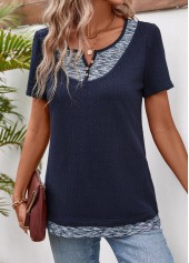 Navy Patchwork Short Sleeve Split Neck T Shirt
