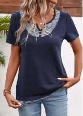 Navy Patchwork Short Sleeve Split Neck T Shirt
