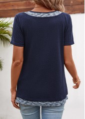 Navy Patchwork Short Sleeve Split Neck T Shirt