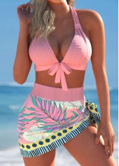 Bowknot Leaf Print Dusty Pink Bikini Set