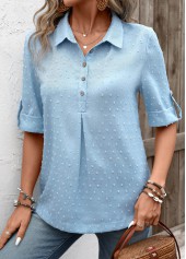 Denim Blue Button Half Sleeve Shirt Collar Blouse | thumb picture 