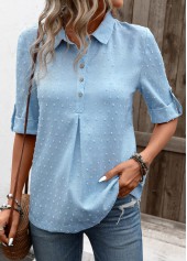 Denim Blue Button Half Sleeve Shirt Collar Blouse