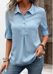 Denim Blue Button Half Sleeve Shirt Collar Blouse | thumb picture 