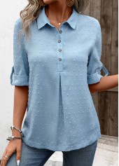 Denim Blue Button Half Sleeve Shirt Collar Blouse | thumb picture 