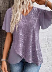 Dusty Purple Cross Hem Short Sleeve V Neck Blouse | thumb picture 