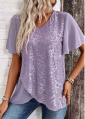 Dusty Purple Cross Hem Short Sleeve V Neck Blouse | thumb picture 