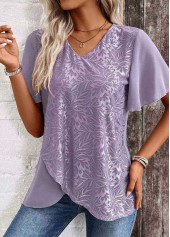 Dusty Purple Cross Hem Short Sleeve V Neck Blouse | thumb picture 