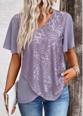 Dusty Purple Cross Hem Short Sleeve V Neck Blouse | thumb picture 