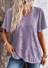Dusty Purple Cross Hem Short Sleeve V Neck Blouse