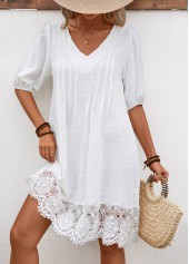 White Lace Half Sleeve V Neck Shift Dress