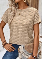 Light Camel Textured Fabric Short Sleeve T Shirt