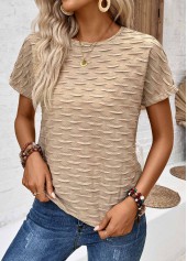 Light Camel Textured Fabric Short Sleeve T Shirt