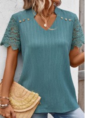 Turquoise Lace Short Sleeve Split Neck Blouse
