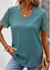 Turquoise Lace Short Sleeve Split Neck Blouse