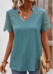 Turquoise Lace Short Sleeve Split Neck Blouse