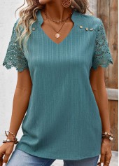 Turquoise Lace Short Sleeve Split Neck Blouse