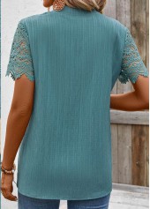 Turquoise Lace Short Sleeve Split Neck Blouse
