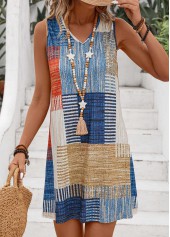 Multi Color Lightweight Geometric Print Short Sleeveless Shift Dress