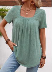 Sage Green Pleated Short Sleeve Square Neck T Shirt