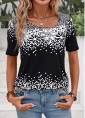 Black Floral Print Short Sleeve Asymmetrical Neck T Shirt