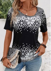 Black Floral Print Short Sleeve Asymmetrical Neck T Shirt