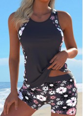 Cut Out Floral Print Gray Brown Tankini Set