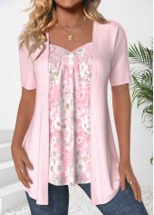 Light Pink Patchwork Floral Print Fake Two Piece Twinset