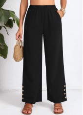 Black Button Elastic Waist High Waisted Pants