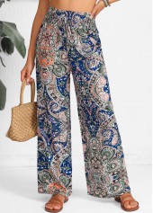 Blue Smocked Tribal Print Elastic Waist High Waisted Pants