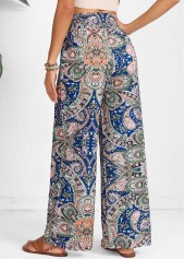 Blue Smocked Tribal Print Elastic Waist High Waisted Pants | thumb picture 