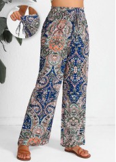 Blue Smocked Tribal Print Elastic Waist High Waisted Pants | thumb picture 