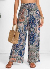 Blue Smocked Tribal Print Elastic Waist High Waisted Pants | thumb picture 
