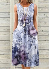 Dusty Purple Breathable Floral Print A Line Sleeveless Dress