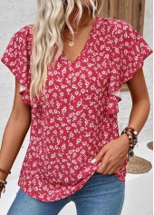 Wine Red Ruffle Ditsy Floral Print Short Sleeve Blouse