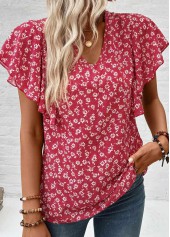 Wine Red Ruffle Ditsy Floral Print Short Sleeve Blouse | thumb picture 