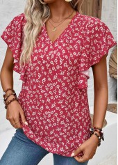 Wine Red Ruffle Ditsy Floral Print Short Sleeve Blouse | thumb picture 