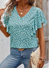 Mint Green Ruffle Ditsy Floral Print Short Sleeve Blouse | thumb picture 