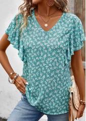 Mint Green Ruffle Ditsy Floral Print Short Sleeve Blouse
