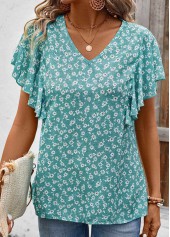 Mint Green Ruffle Ditsy Floral Print Short Sleeve Blouse | thumb picture 