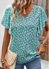Mint Green Ruffle Ditsy Floral Print Short Sleeve Blouse | thumb picture 