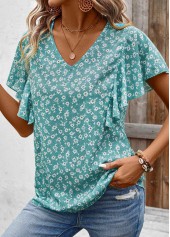 Mint Green Ruffle Ditsy Floral Print Short Sleeve Blouse | thumb picture 