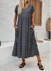 Black Pocket Geometric Print Short Sleeve V Neck Dress