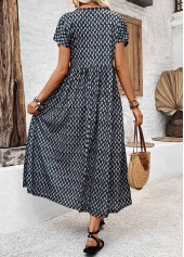 Black Pocket Geometric Print Short Sleeve V Neck Dress